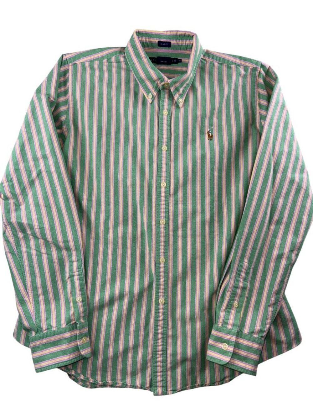 Ralph Lauren Women's 14 Slim Fit  Cotton Green Pink Striped Button Front Shirt